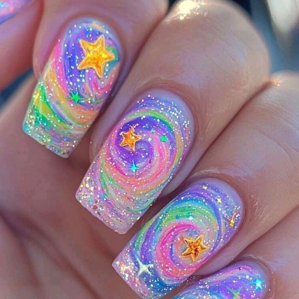 24 Pcs Pressed On Nails Colorful Swirl Nail Art with Star Accents